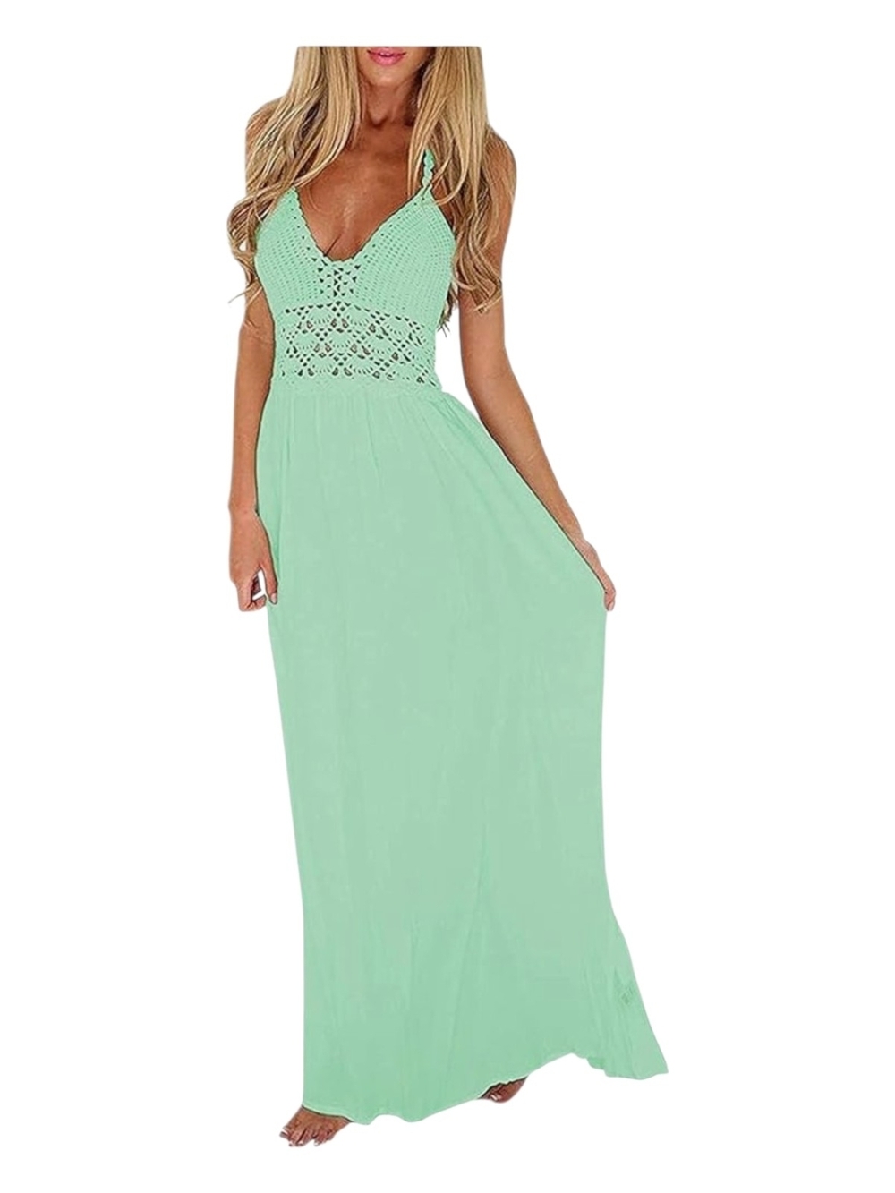 Crochet Bodice Mint Maxi Dress with Spaghetti Straps